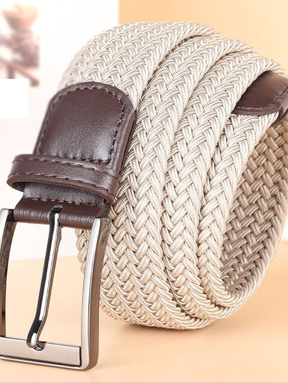 Men's Woven Stretch Belt with Brown Leather Trim - Beige XL 42 44